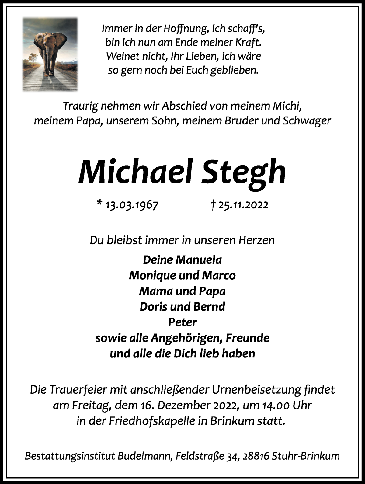  Traueranzeige für Michael Stegh vom 10.12.2022 aus WESER-KURIER