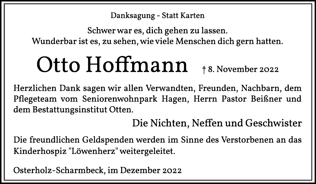 Traueranzeige von Otto Hoffmann von Osterholzer Kreisblatt