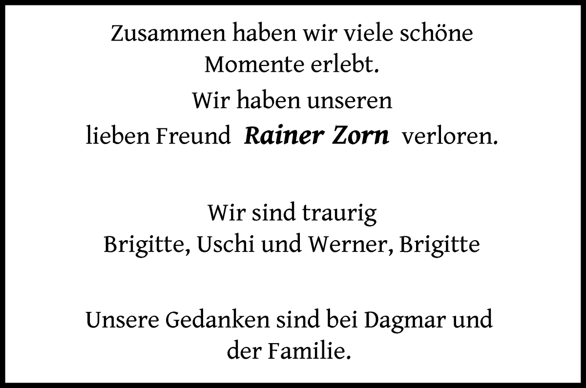 Traueranzeige von Rainer Zorn von WESER-KURIER