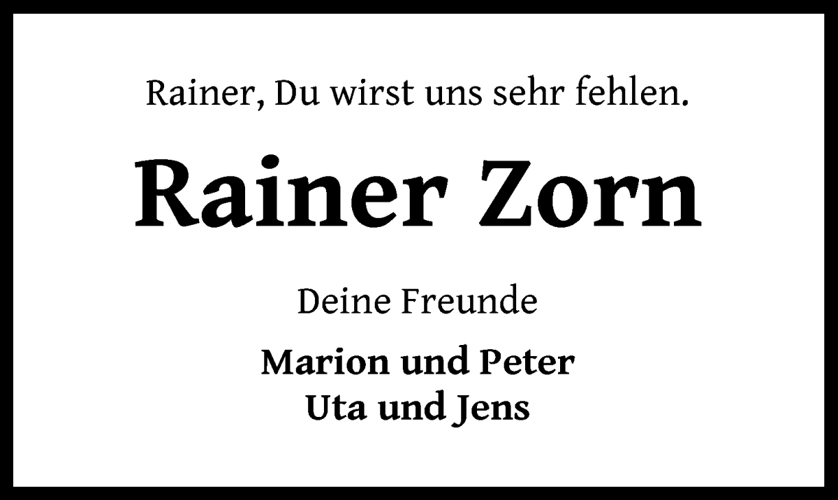 Traueranzeige von Rainer Zorn von WESER-KURIER