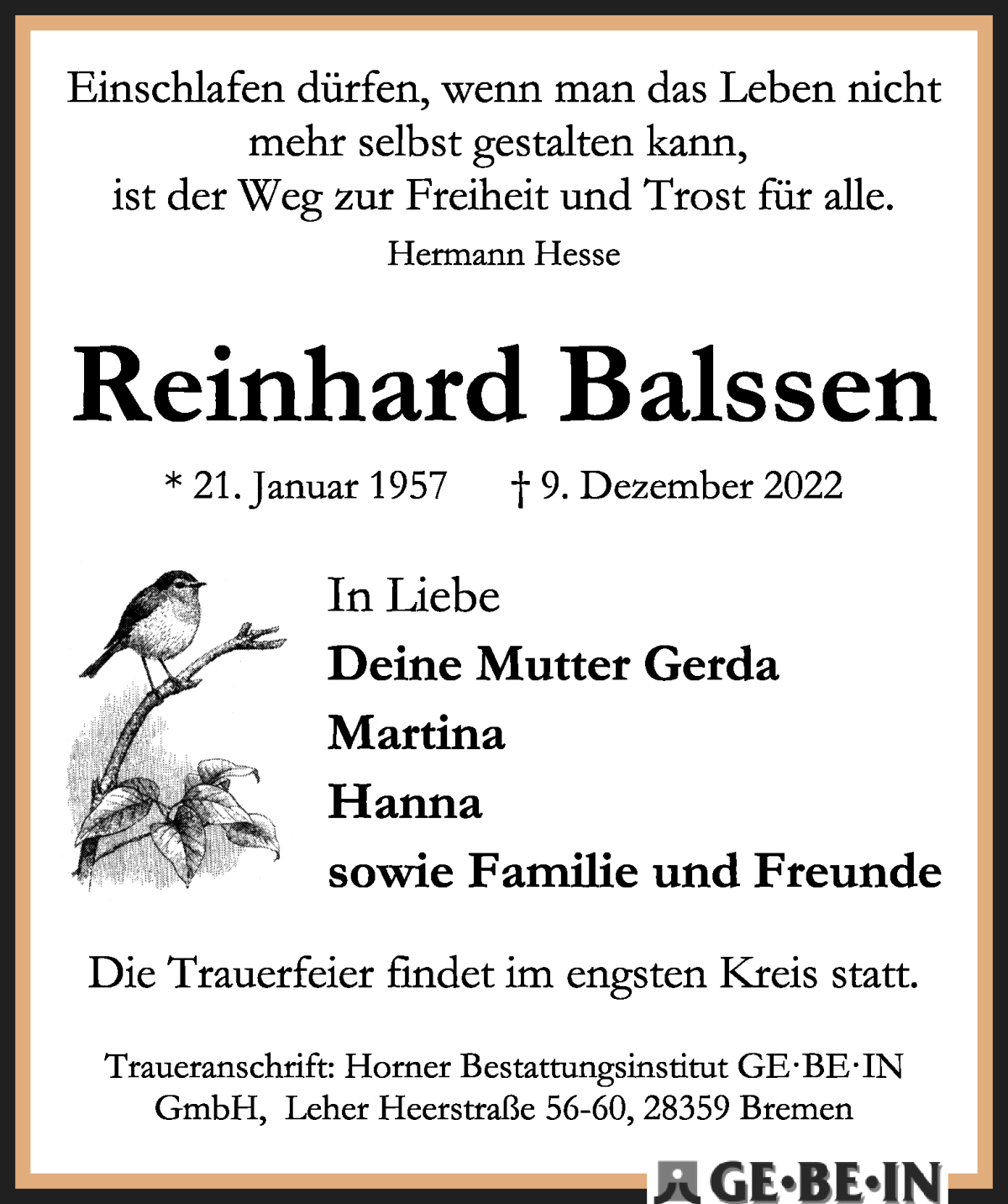  Traueranzeige für Reinhard Balssen vom 17.12.2022 aus WESER-KURIER