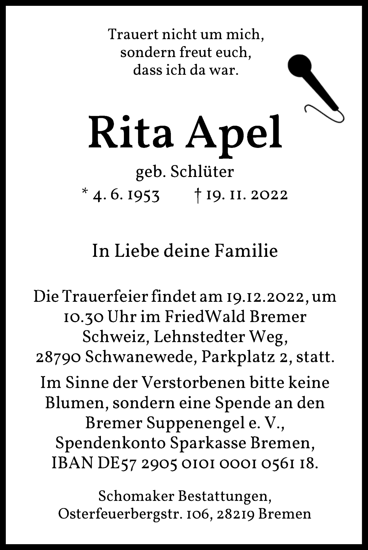  Traueranzeige für Rita Apel vom 10.12.2022 aus WESER-KURIER