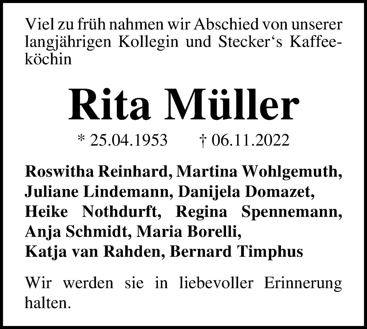  Traueranzeige für Rita Müller vom 10.12.2022 aus WESER-KURIER
