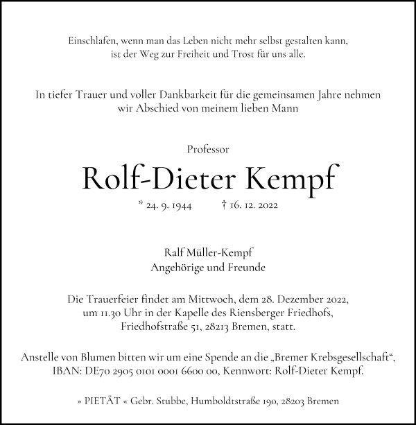 Traueranzeige von Rolf-Dieter Kempf von WESER-KURIER