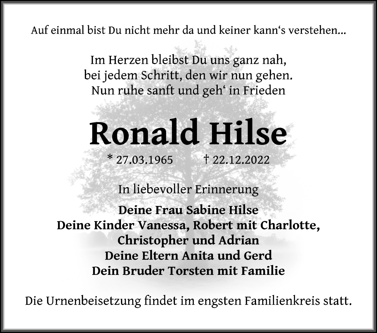 Traueranzeige für Ronald Hilse vom 31.12.2022 aus WESER-KURIER