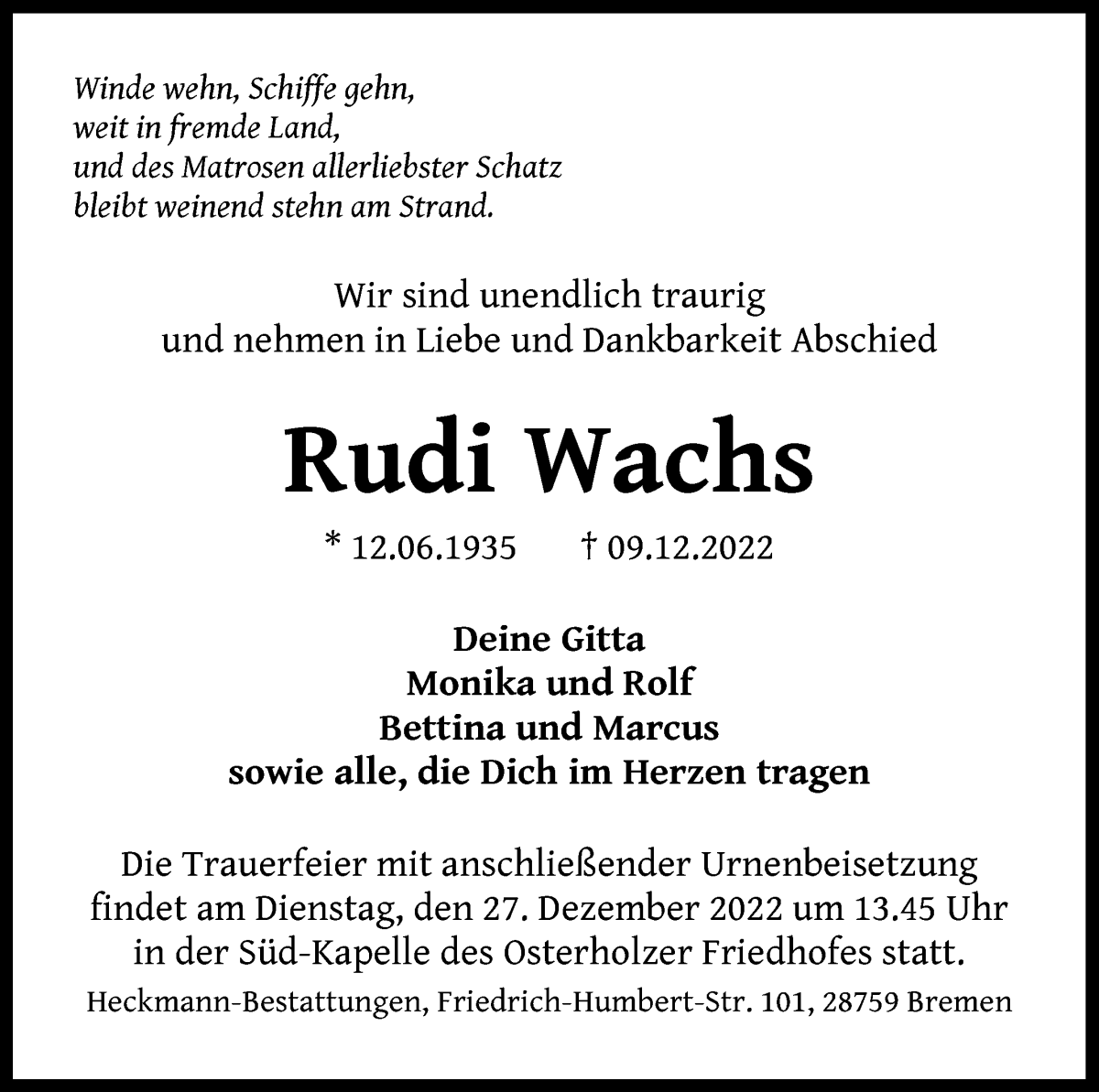 Traueranzeige von Rudi Wachs von WESER-KURIER