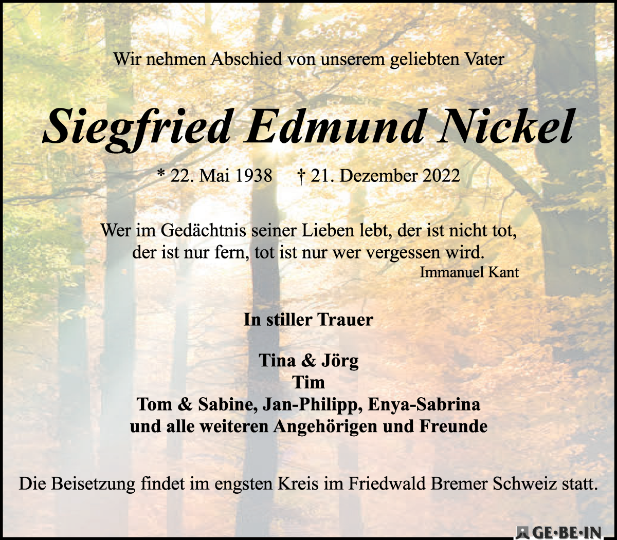 Traueranzeige von Siegfried Edmund Nickel von WESER-KURIER