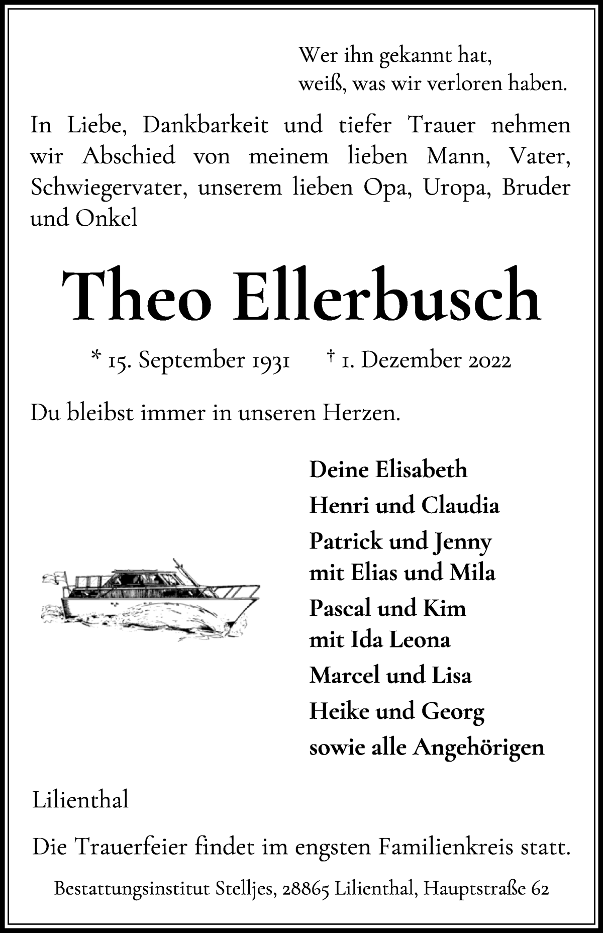  Traueranzeige für Theo Ellerbusch vom 03.12.2022 aus Wuemme Zeitung