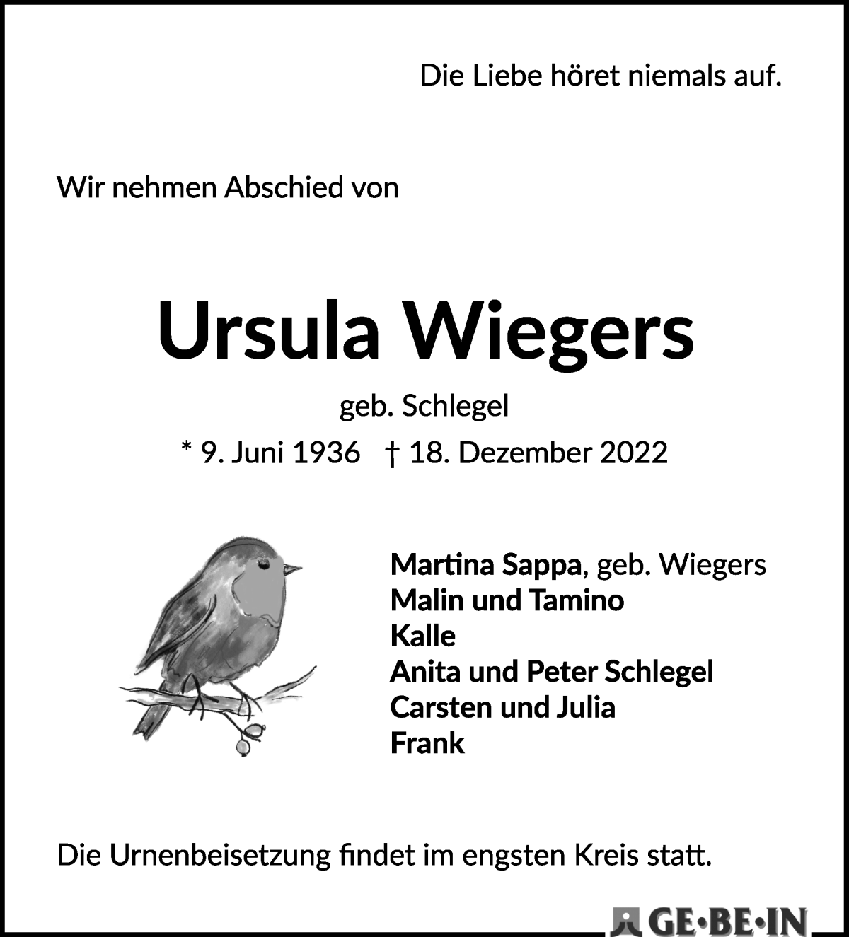 Traueranzeige von Ursula Wiegers von WESER-KURIER