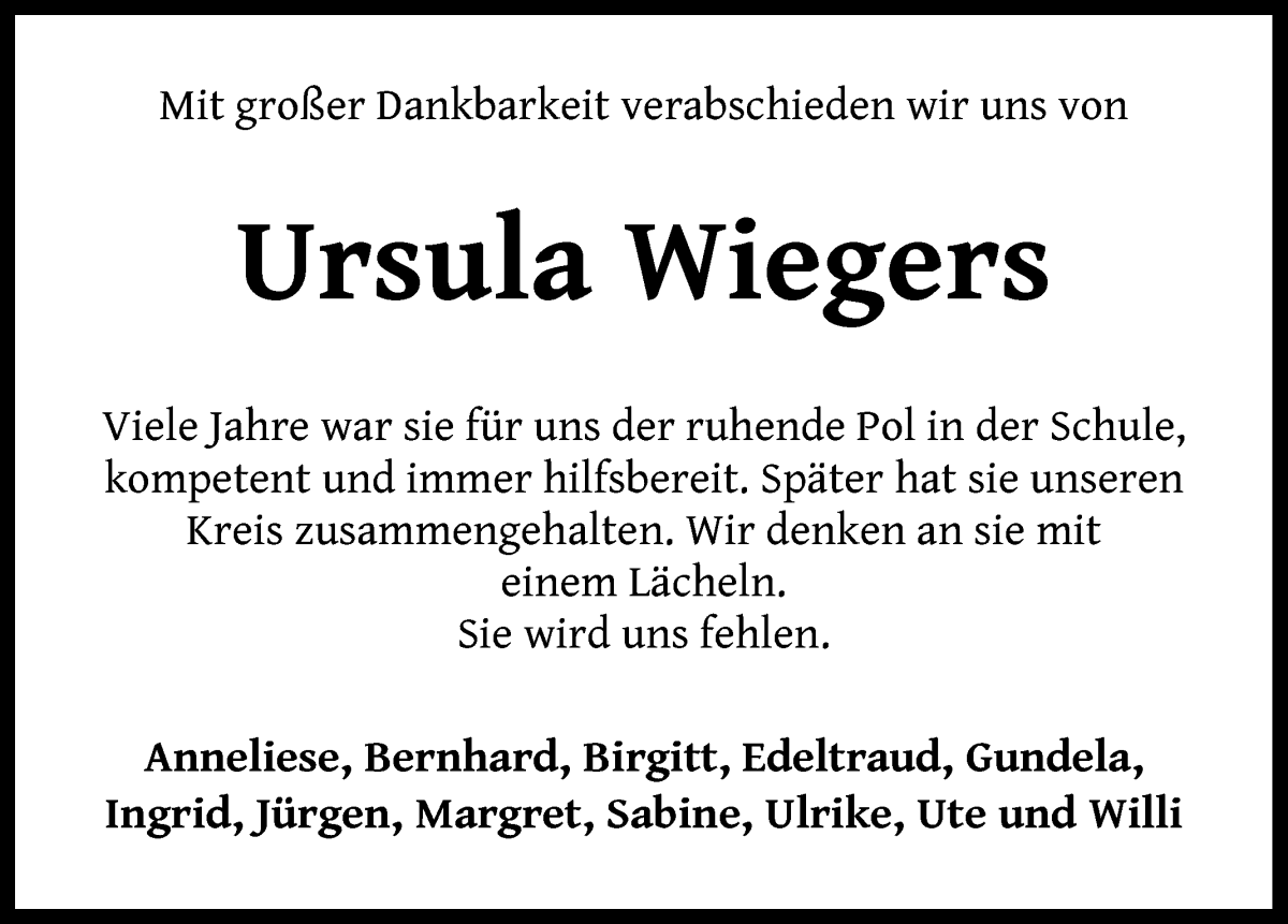 Traueranzeige von Ursula Wiegers von WESER-KURIER