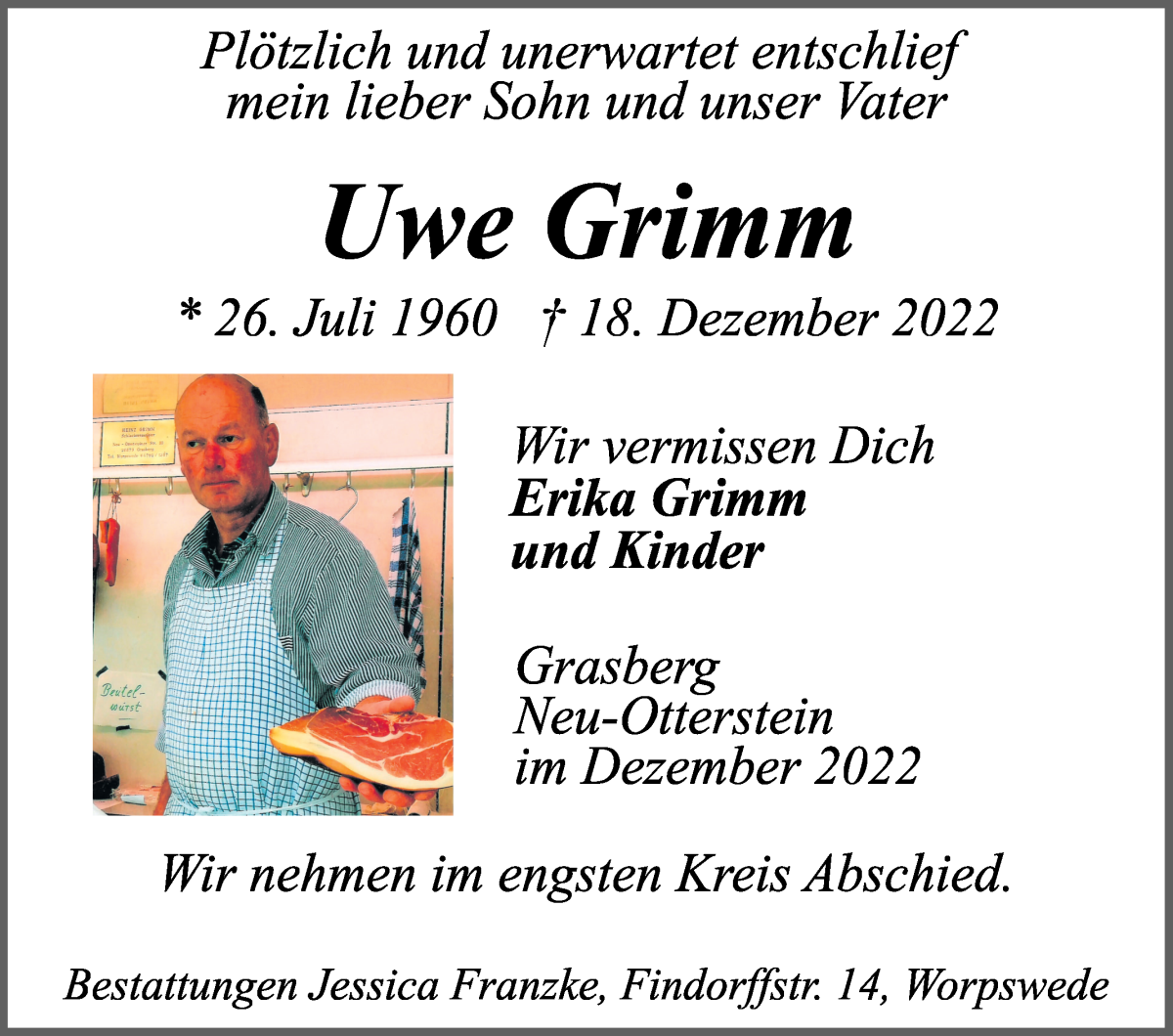  Traueranzeige für Uwe Grimm vom 24.12.2022 aus WESER-KURIER