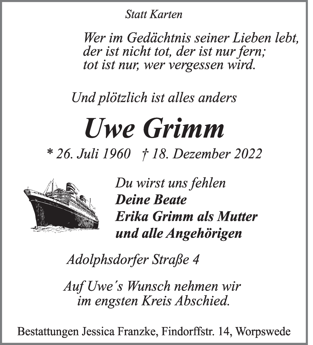 Traueranzeige für Uwe Grimm vom 24.12.2022 aus Wuemme Zeitung