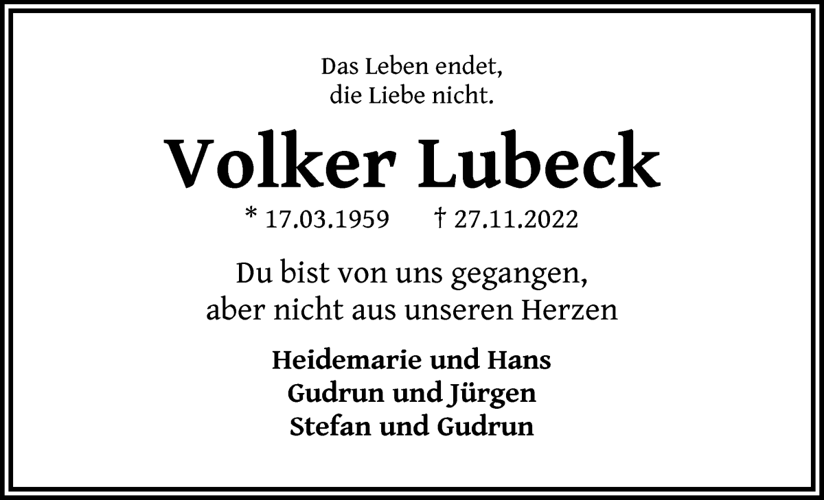  Traueranzeige für Volker Lubeck vom 10.12.2022 aus WESER-KURIER