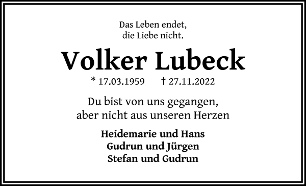 Traueranzeige von Volker Lubeck von WESER-KURIER