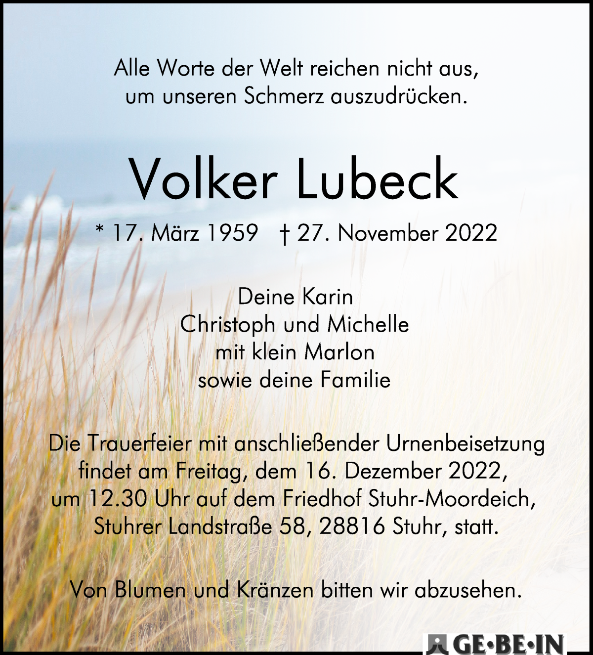  Traueranzeige für Volker Lubeck vom 10.12.2022 aus WESER-KURIER