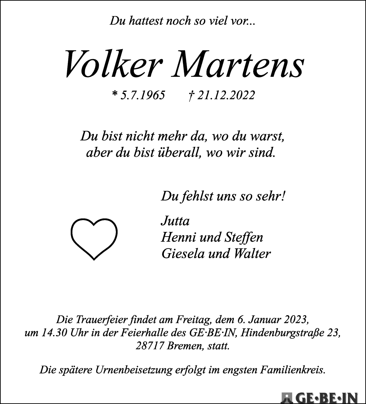  Traueranzeige für Volker Martens vom 30.12.2022 aus WESER-KURIER