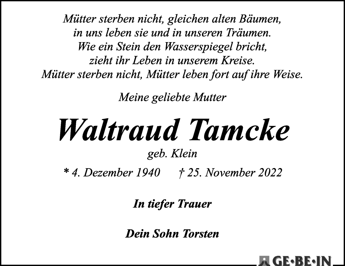 Traueranzeige von Waltraud Tamcke von WESER-KURIER