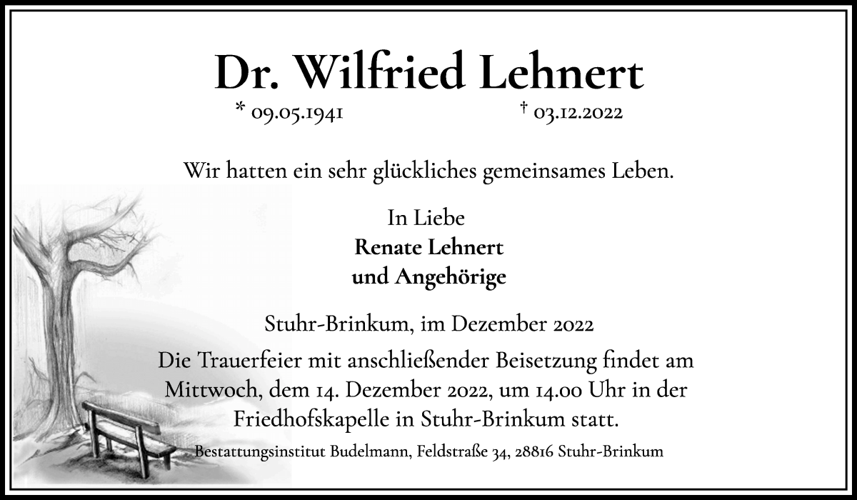  Traueranzeige für Wilfried Lehnert vom 09.12.2022 aus Regionale Rundschau/Syker Kurier