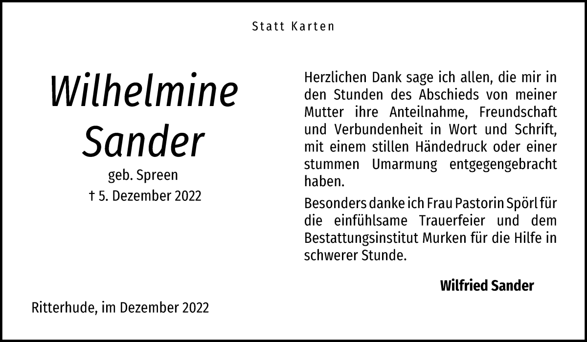  Traueranzeige für Wilhelmine Sander vom 31.12.2022 aus Osterholzer Kreisblatt