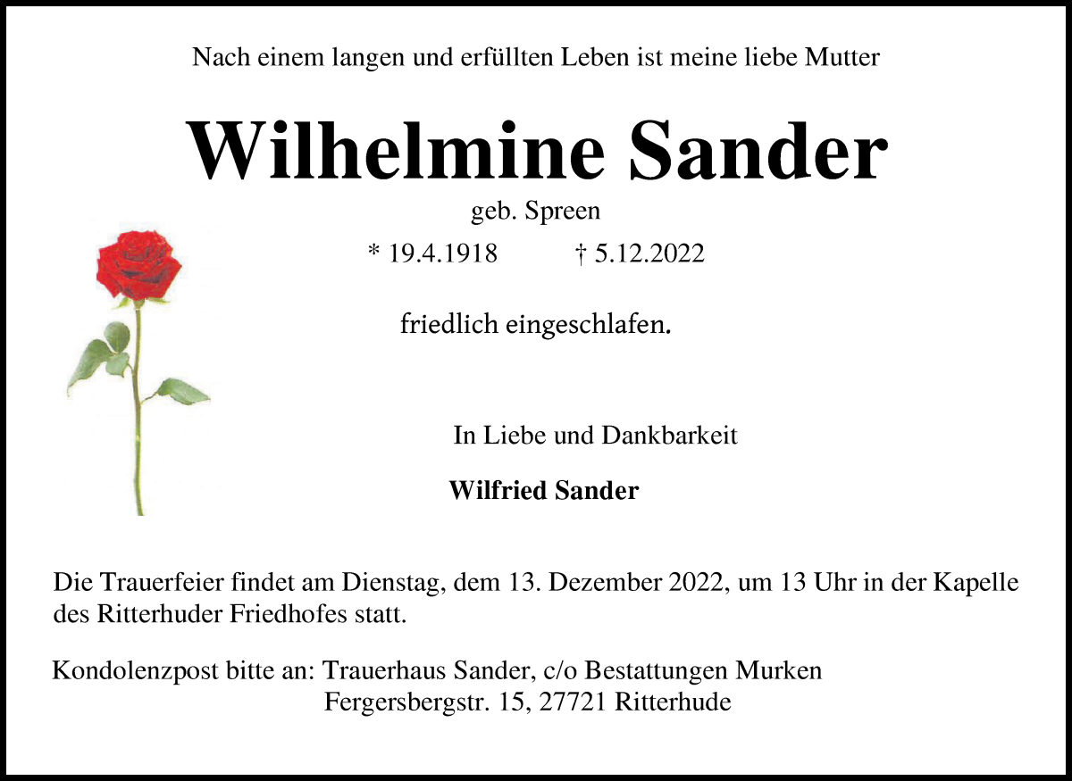  Traueranzeige für Wilhelmine Sander vom 07.12.2022 aus Osterholzer Kreisblatt