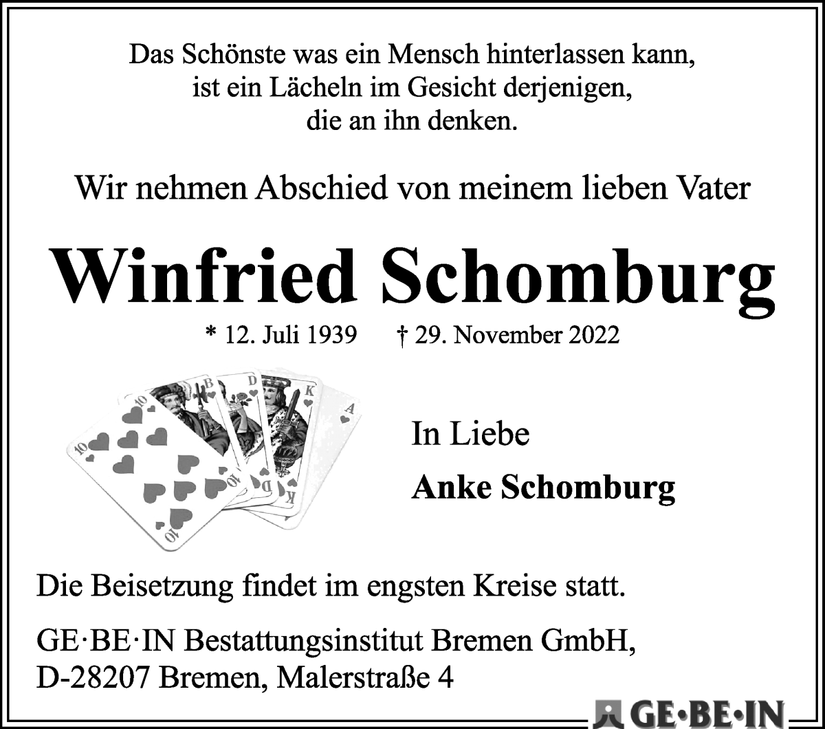 Traueranzeige von Winfried Schomburg von WESER-KURIER