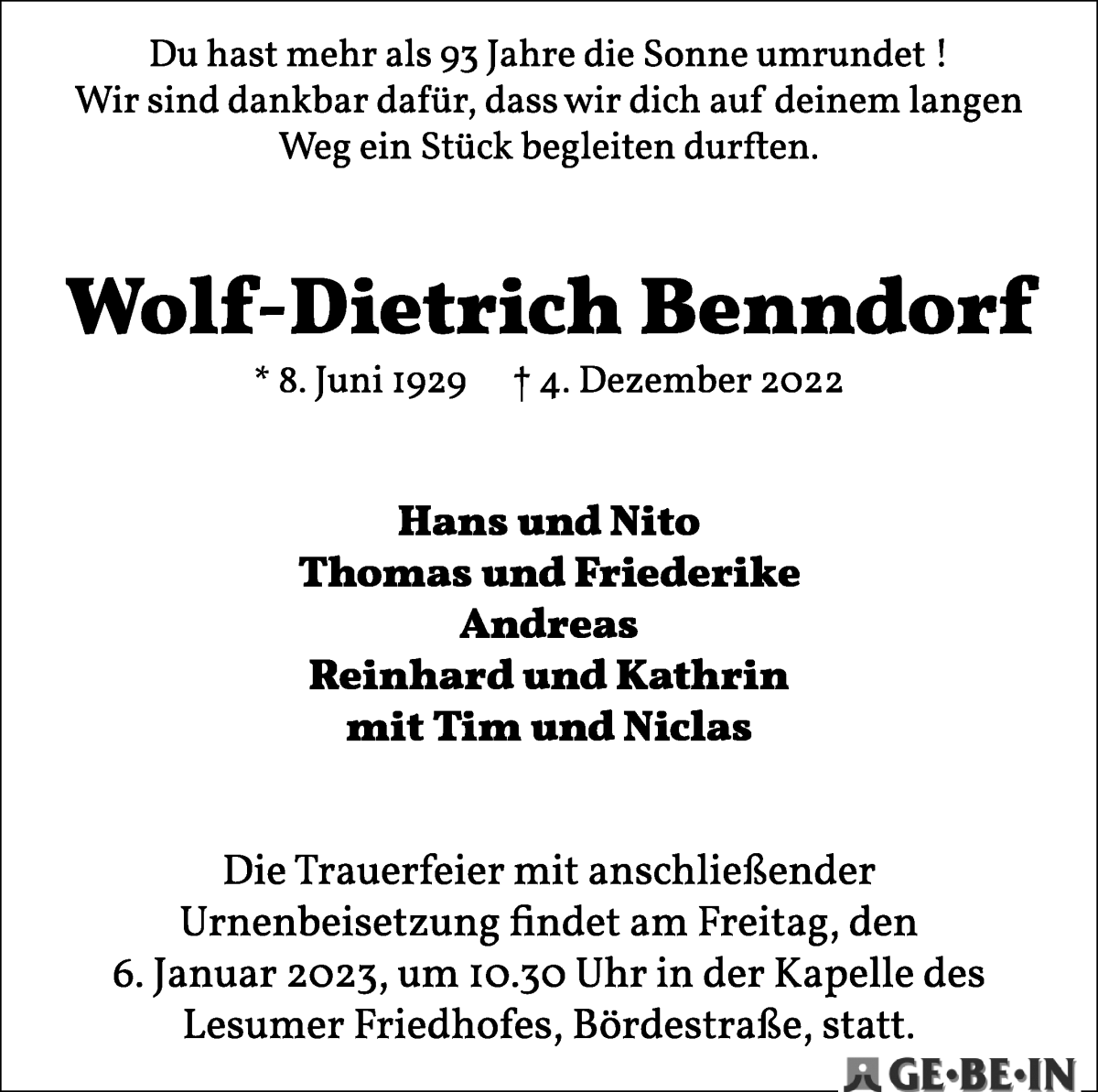 Traueranzeige von Wolf-Dietrich Benndorf von WESER-KURIER