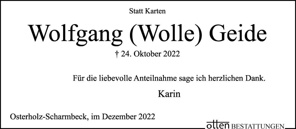  Traueranzeige für Wolfgang Geide vom 10.12.2022 aus Osterholzer Kreisblatt