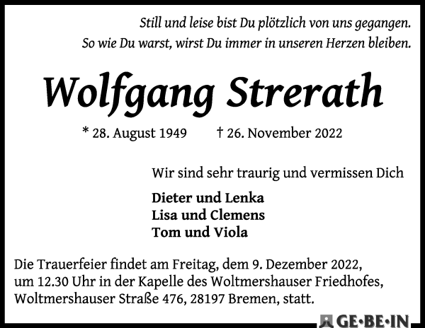 Traueranzeige von Wolfgang Strerath von WESER-KURIER