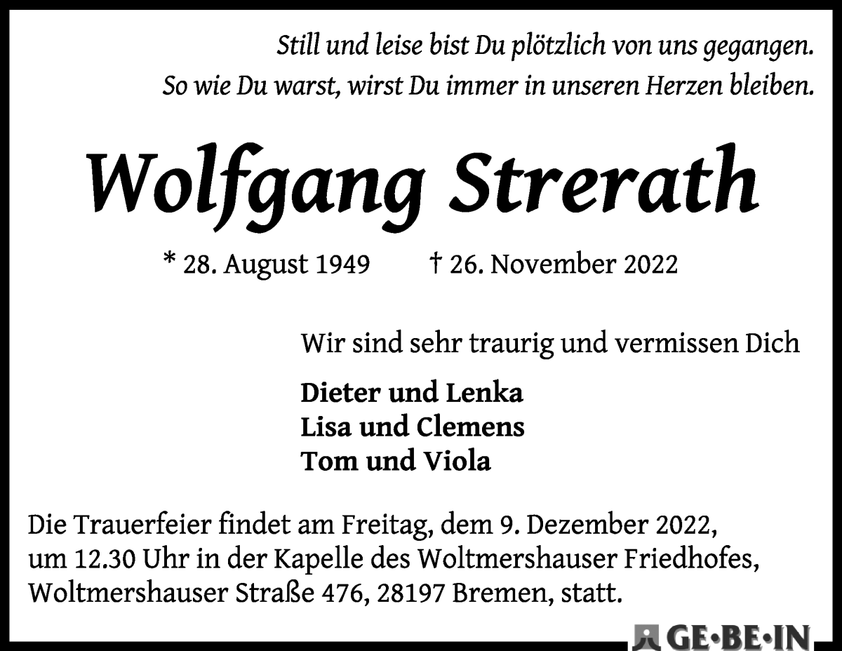  Traueranzeige für Wolfgang Strerath vom 03.12.2022 aus WESER-KURIER