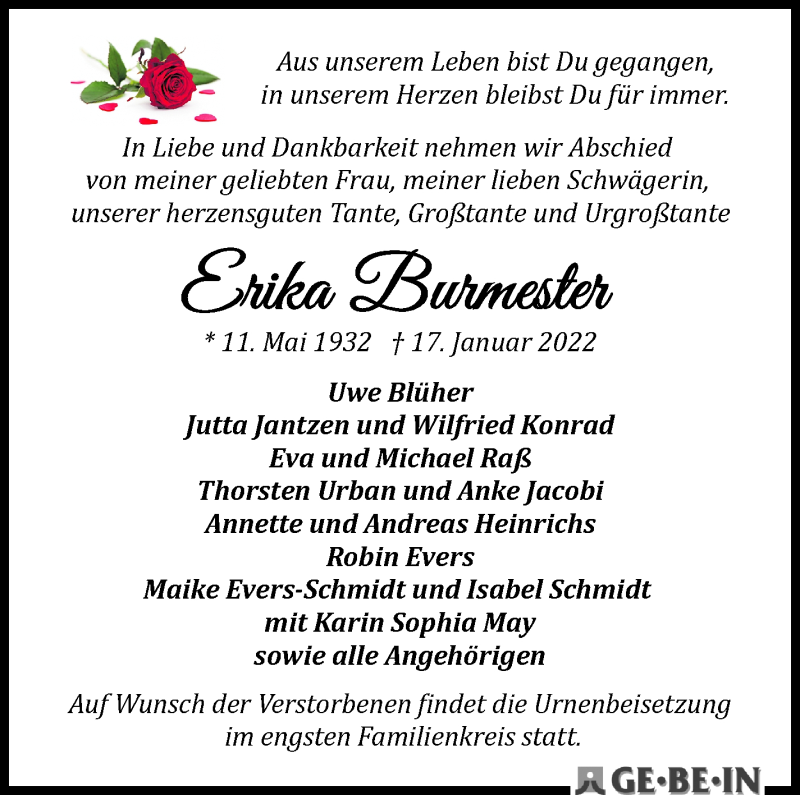 Traueranzeige von Erika Burmester 