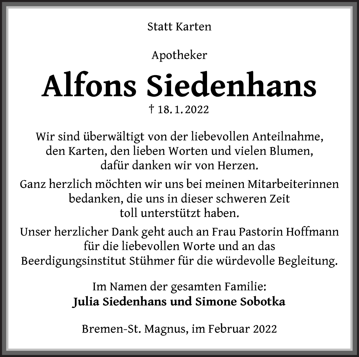  Traueranzeige für Alfons Siedenhans vom 12.02.2022 aus Die Norddeutsche