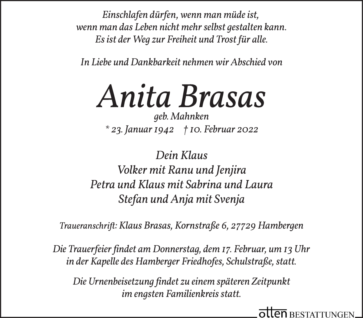 Traueranzeige von Anita Brasas von Osterholzer Kreisblatt