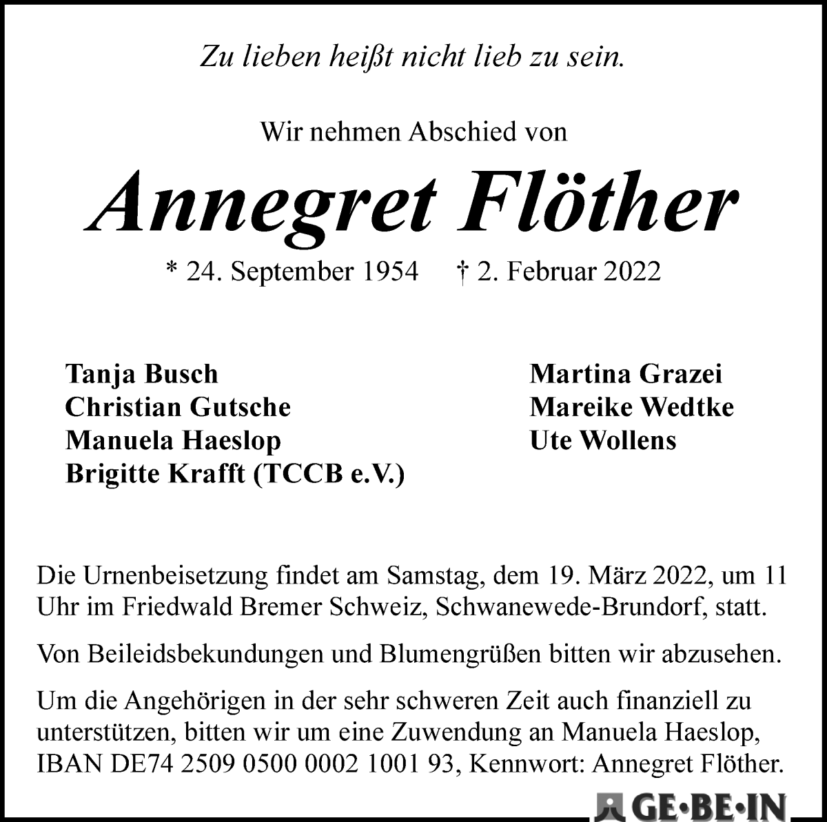  Traueranzeige für Annegret Flöther vom 19.02.2022 aus WESER-KURIER