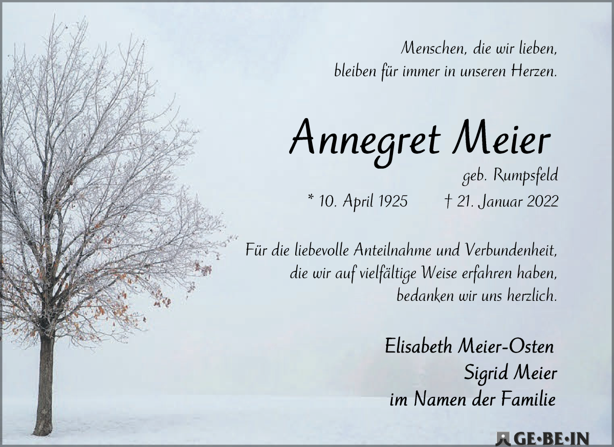  Traueranzeige für Annegret Meier vom 19.02.2022 aus WESER-KURIER