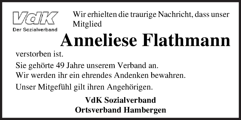 Traueranzeige von Anneliese Flathmann von Osterholzer Kreisblatt