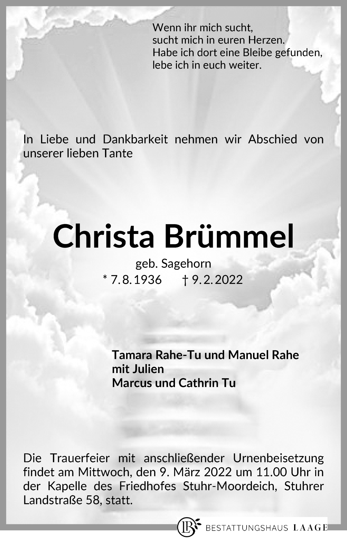  Traueranzeige für Christa Brümmel vom 26.02.2022 aus WESER-KURIER