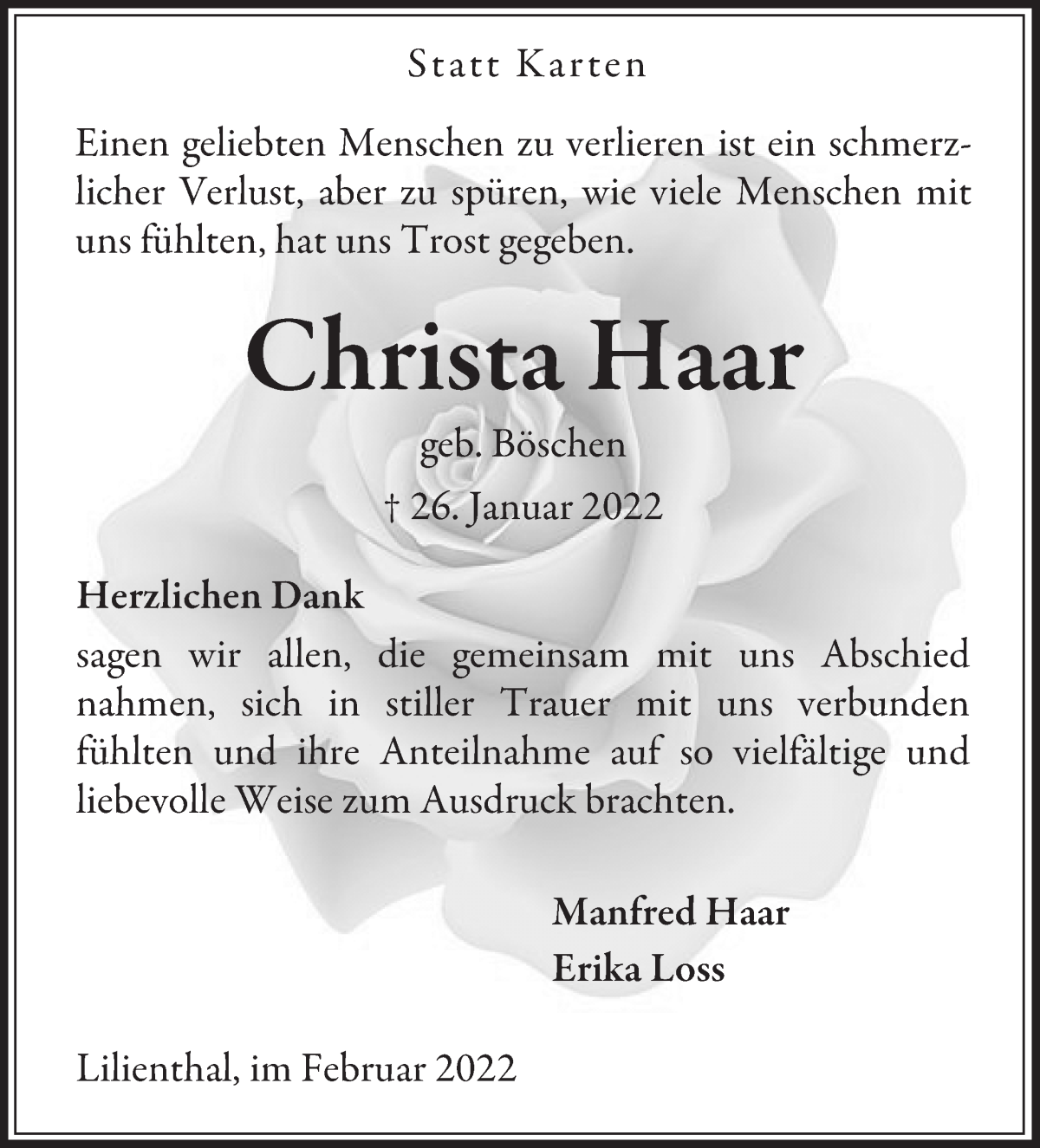  Traueranzeige für Christa Haar vom 26.02.2022 aus Wuemme Zeitung