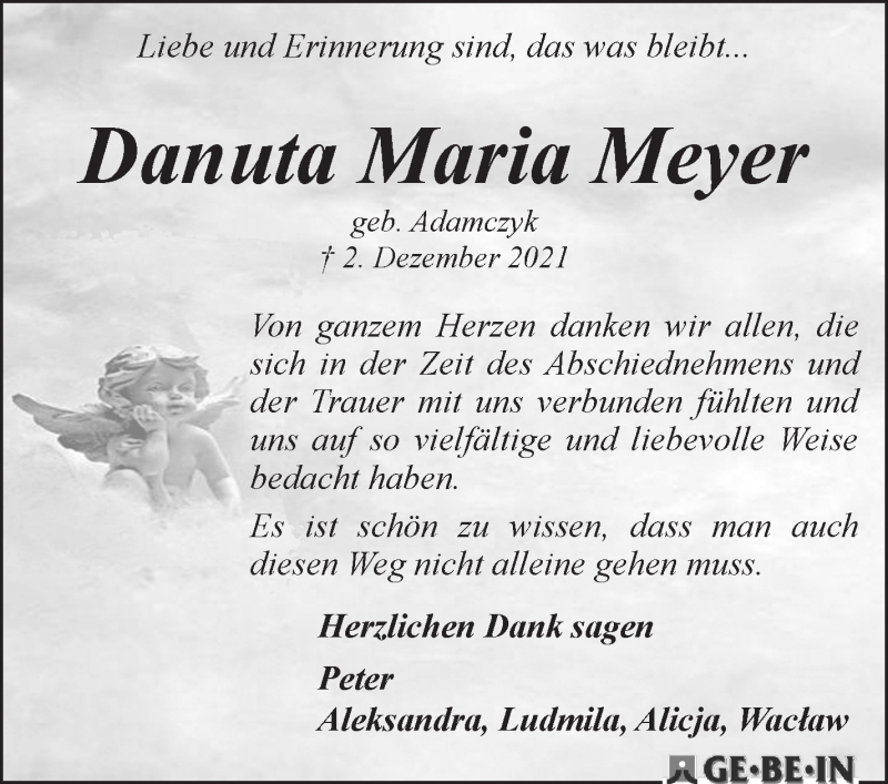 Traueranzeige von Danuta Maria Meyer von WESER-KURIER