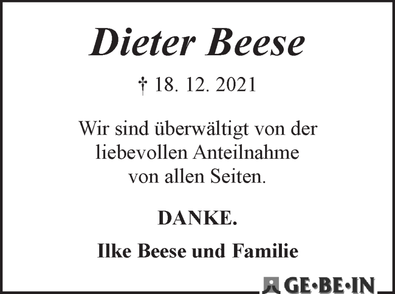 Traueranzeige von Dieter Beese von WESER-KURIER