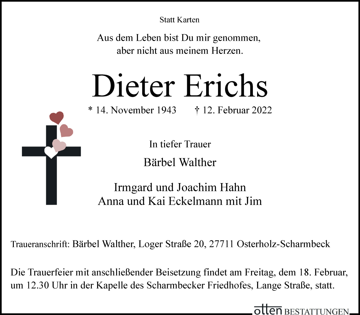  Traueranzeige für Dieter Erichs vom 16.02.2022 aus Osterholzer Kreisblatt