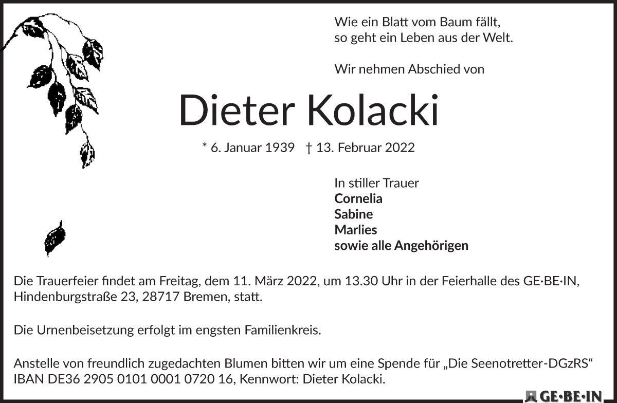  Traueranzeige für Dieter Kolacki vom 26.02.2022 aus Die Norddeutsche