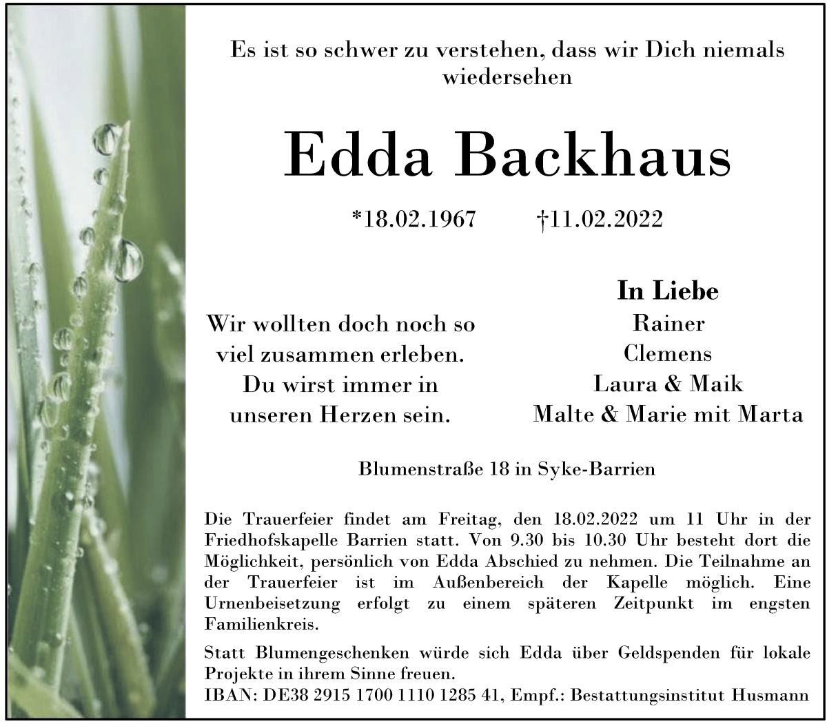  Traueranzeige für Edda Backhaus vom 16.02.2022 aus Regionale Rundschau/Syker Kurier