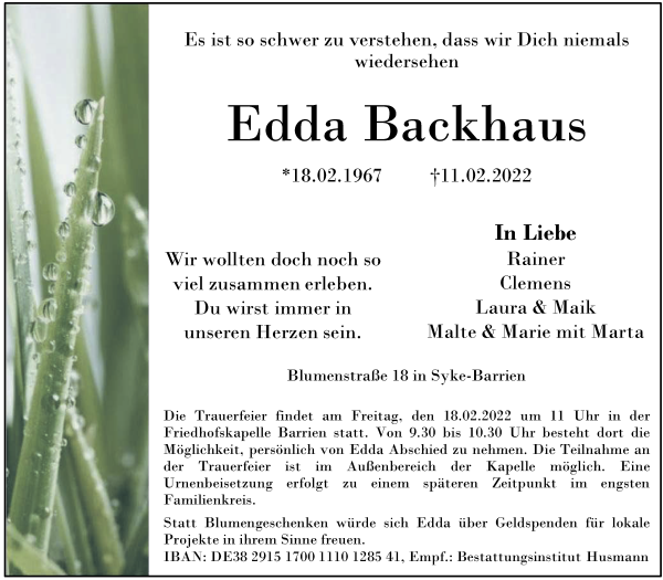 Traueranzeige von Edda Backhaus von Regionale Rundschau/Syker Kurier