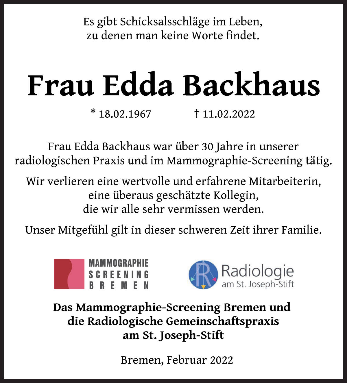  Traueranzeige für Edda Backhaus vom 19.02.2022 aus WESER-KURIER