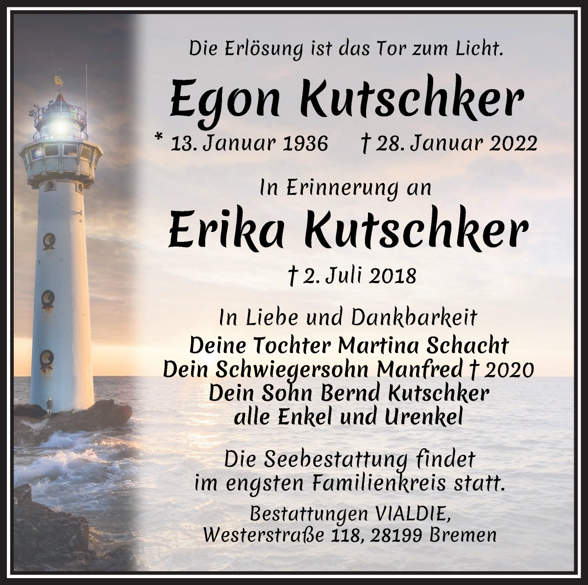 Traueranzeige von Egon und Erika Kutschker von WESER-KURIER