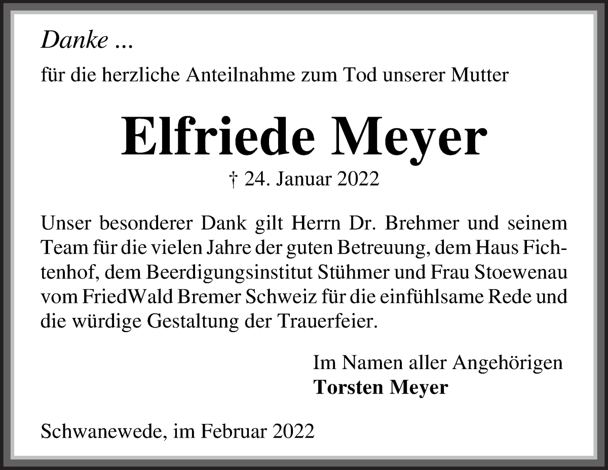  Traueranzeige für Elfriede Meyer vom 19.02.2022 aus Die Norddeutsche