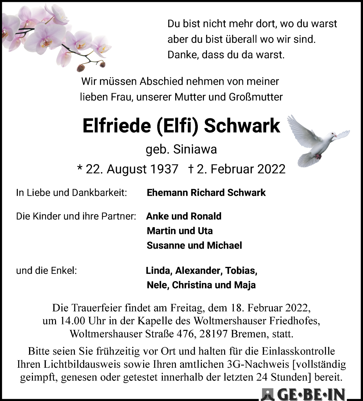  Traueranzeige für Elfriede Schwark vom 12.02.2022 aus WESER-KURIER