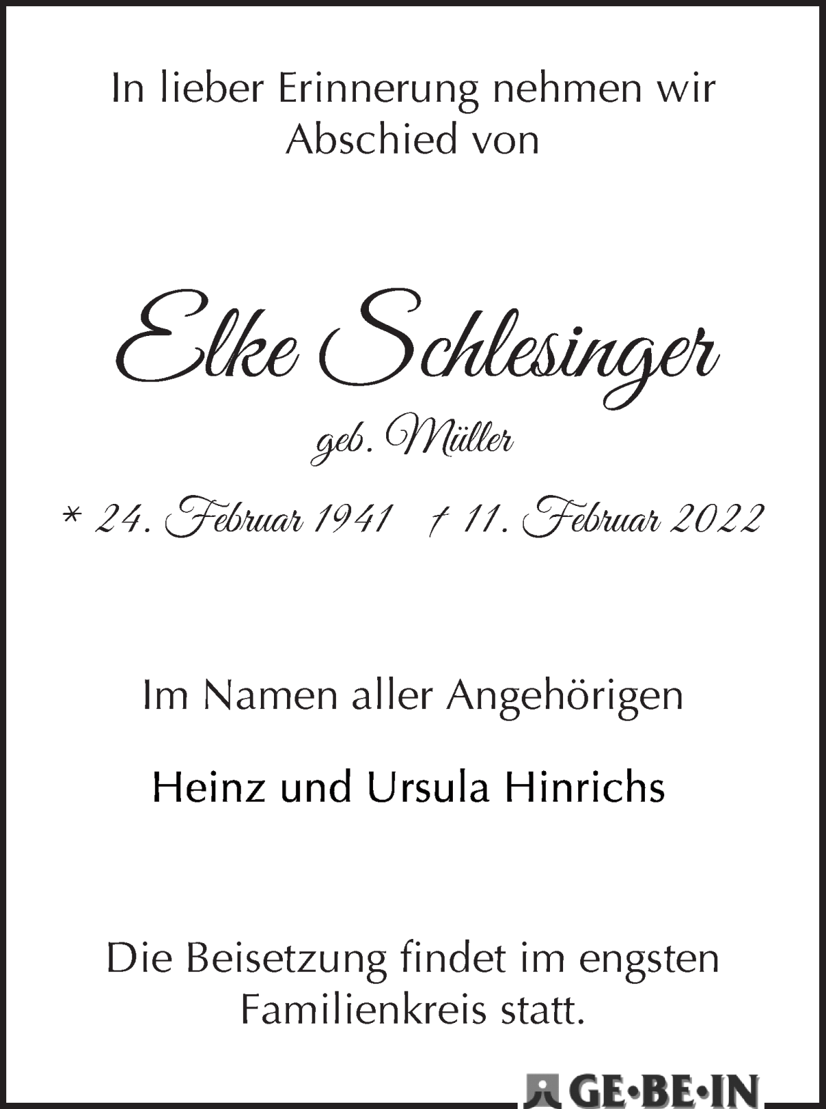  Traueranzeige für Elke Schlesinger vom 19.02.2022 aus WESER-KURIER