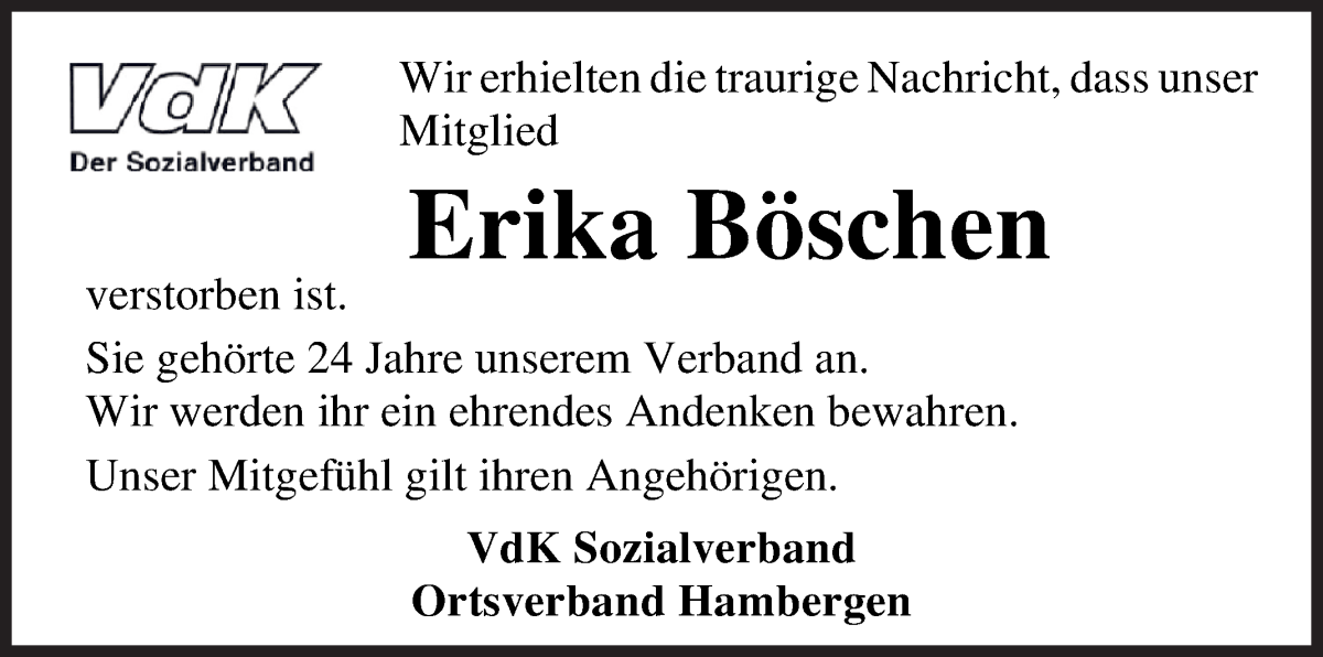 Traueranzeige von Erika Böschen von Osterholzer Kreisblatt