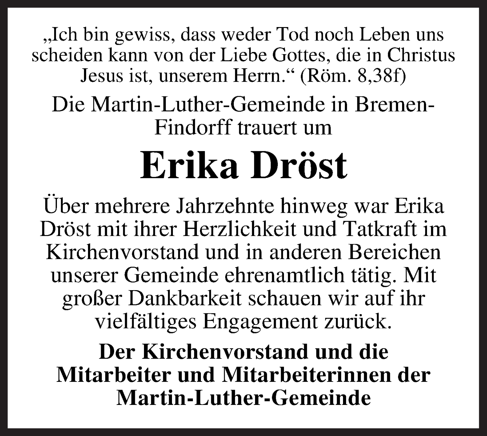  Traueranzeige für Erika Dröst vom 09.02.2022 aus WESER-KURIER
